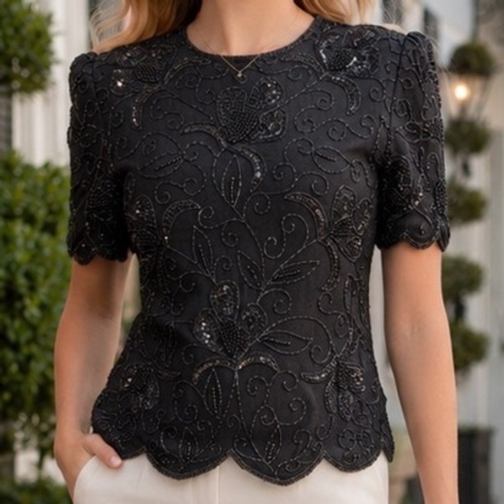 Stenay Black Silk Beaded Sequin Floral‎ Evening Top Scalloped Hem NWT Size S Y4